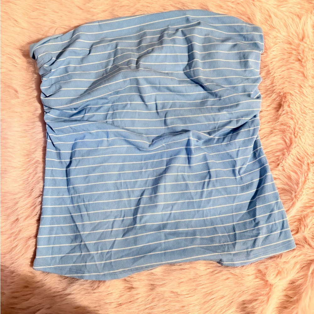 Striped Light Blue Strapless Tube Top